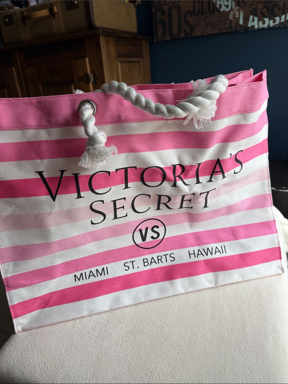 Victoria's Secret Pink & White Striped Rope-Handled large Tote bag